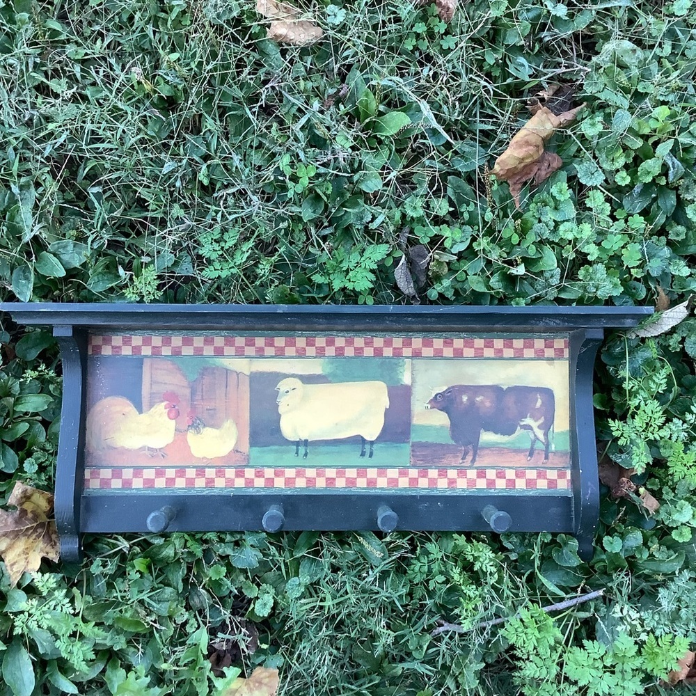 Vintage Wood Wooden Wall Shelf  Folk Art Green Sheep Cow Chicken Peg Kitchen